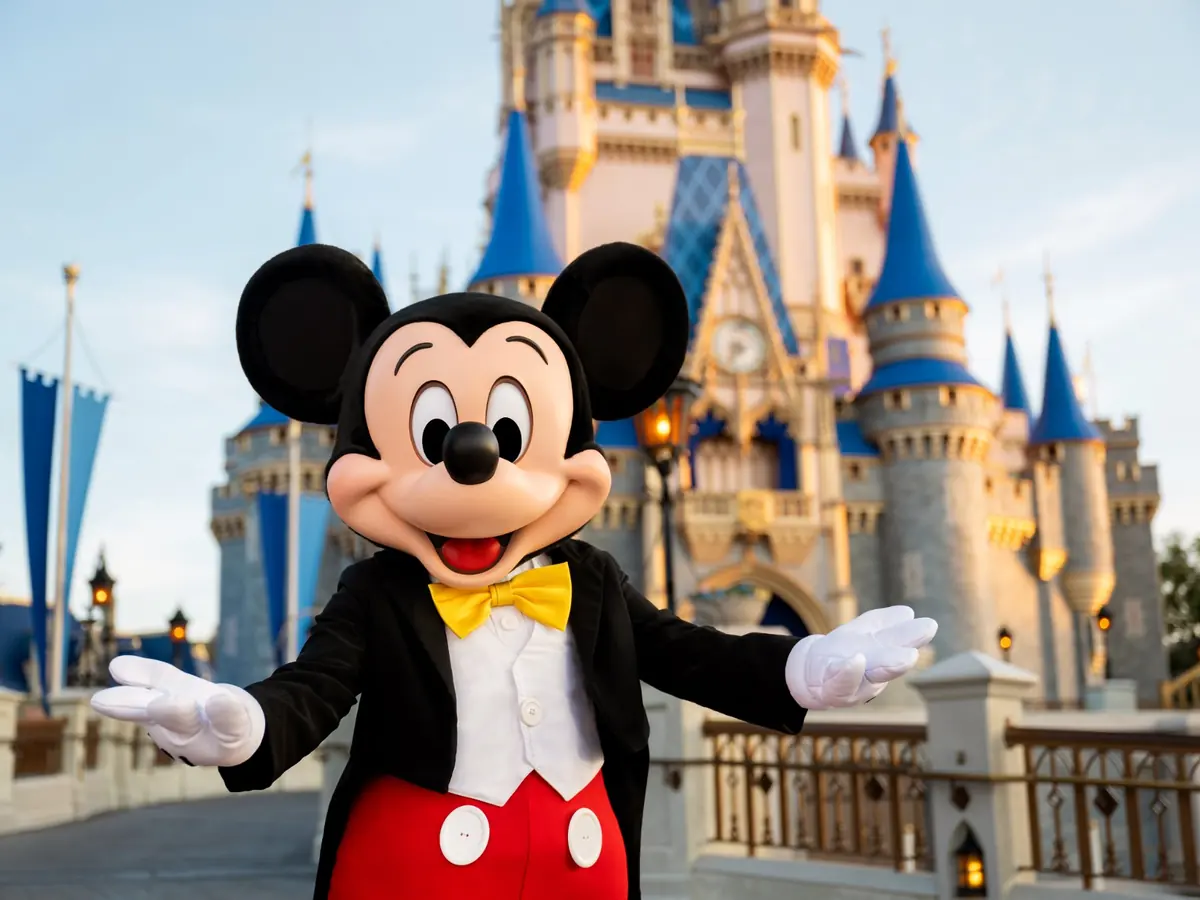 Mickey Mouse waving in front of Cinderella Castle at Walt Disney World